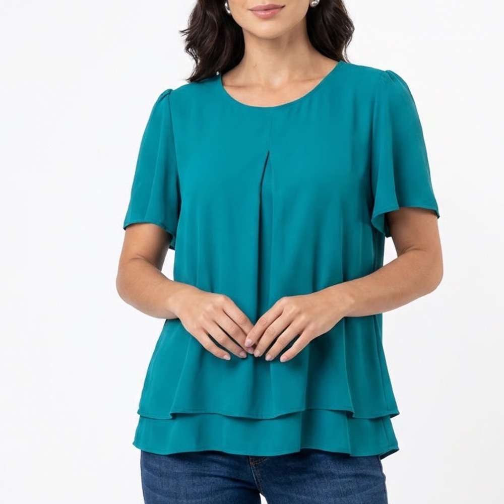 Gaharu Teal Chiffon Layered Blouse Short Flutter Sleeve Pleated Top XXL